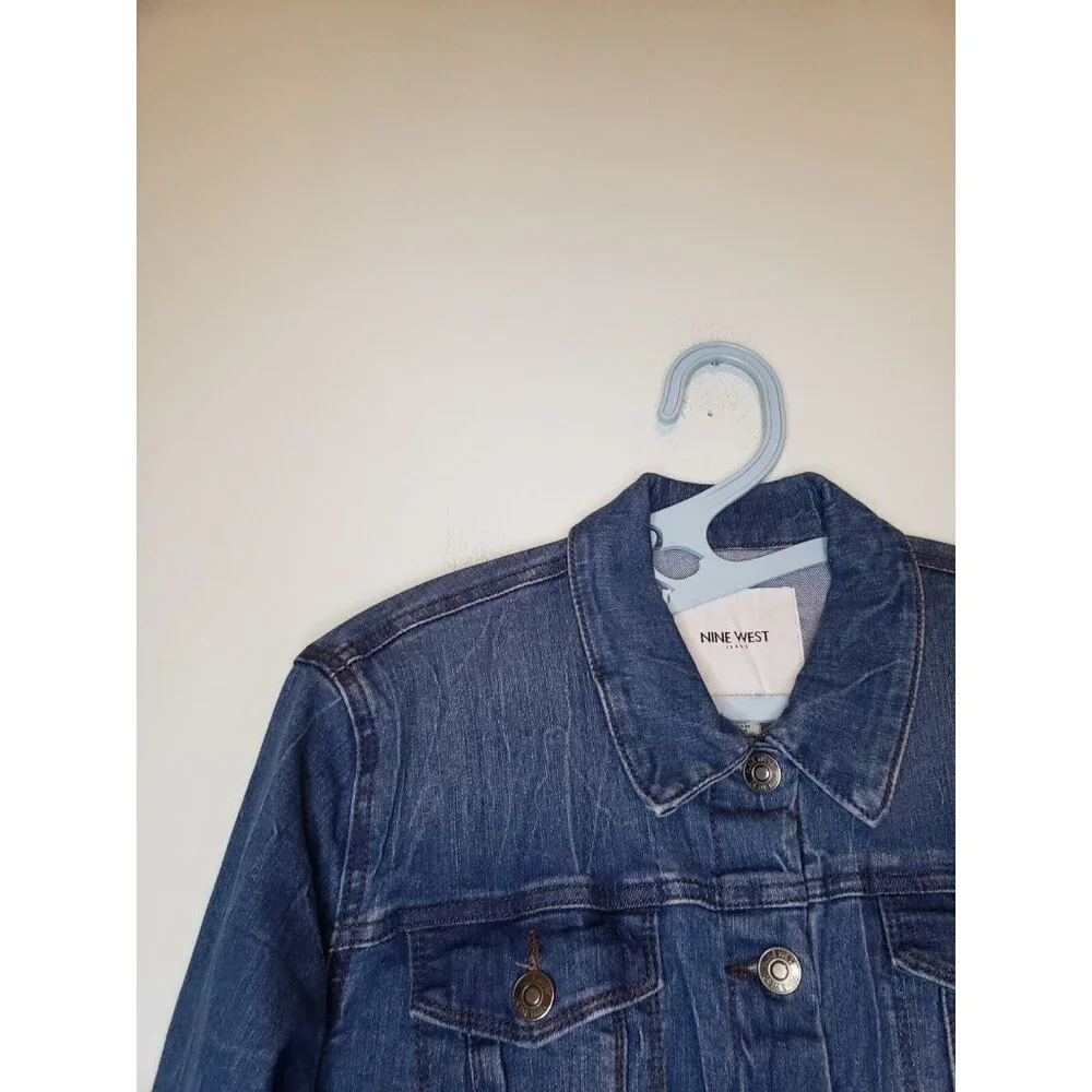 Nine West Womens M Trucker Jean Jacket Button Front Blue Denim Pocket Crinkle - Picture 4 of 6